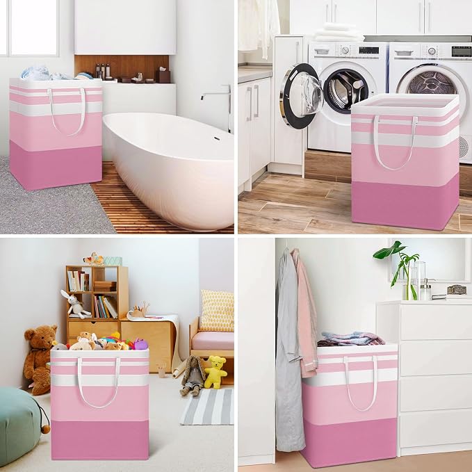 HomeHacks 2 Pack Large Laundry Baskets, Waterproof, Freestanding Laundry Hampers, Collapsible Clothes Hamper with Reinforced Handles in Laundry, College Dorm, Bathroom, Bedroom (Grey+Pink, 125Lx2) - Image 6