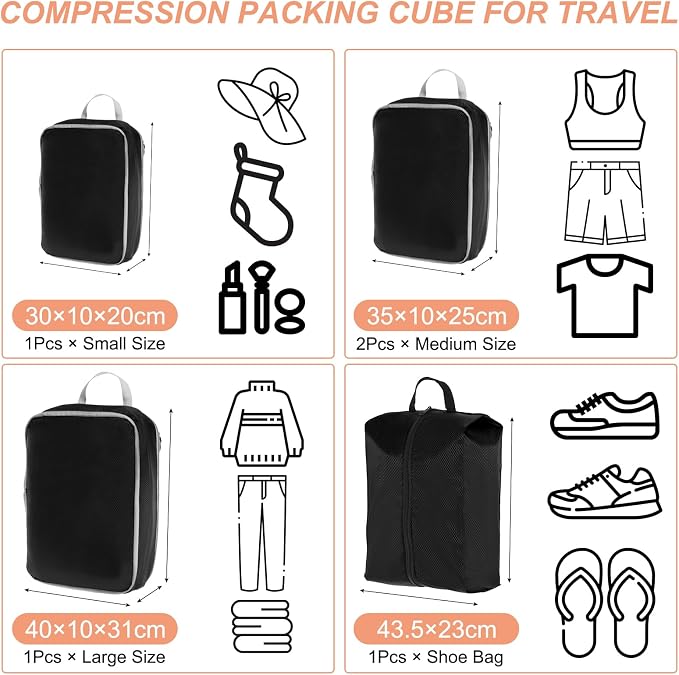 PATIKIL Compression Packing Cube for Travel, 5 Set Waterproof Travel Packing Cube Compression Nylon Luggage Organizer Bags Shoe Bag for Suitcases Backpack, Black - Image 2