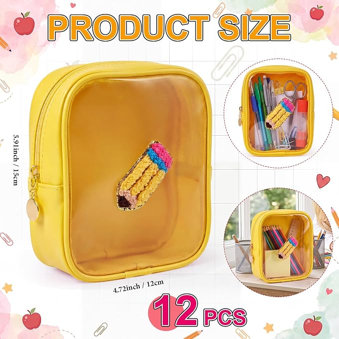 12 Pack Back to School Clear Makeup Bag PVC Cosmetic Pouch with Yellow Crayon Embroidery Small Waterproof Leather Travel Bag for Women, Teacher Appreciation Gifts - Image 2