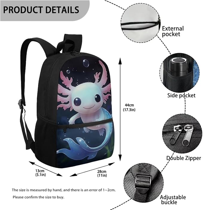 Axolotl Bookbag for Girls with Lunchbox Kids School Bag for Girls Ages 6-8 and Lunch Box Set Cute Backpack Elementary School Bookbag/Lunch Bag/Pencil Case/Water Bottle Holder for 3rd Grade - Image 3