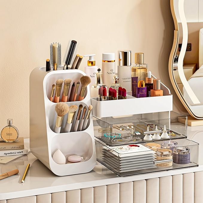 Booklov Makeup Organizer for Vanity, Large Capacity Cosmetic Display Case with Clear Acrylic Drawer, Countertop Beauty Storage Holder for Skincare, Brush Eyeshadow Lipstick, Counter Desk, Crystal Pink - Image 8