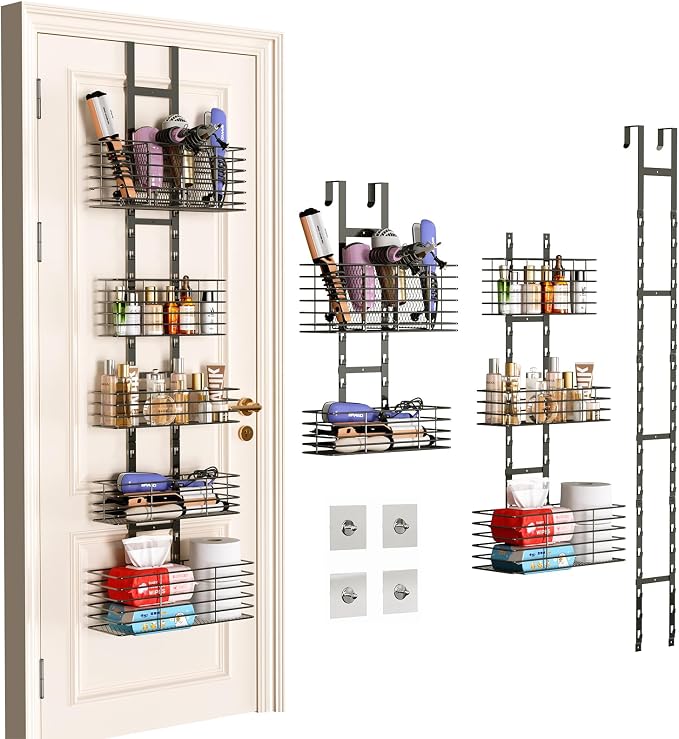 Yuyetuyo 5-Tier Over The Door Organizer Bathroom - Hair Dryer Holder - Hair Tool Organizer Adjustable Height, DIY Bathroom Storage Shelf Wall Mounted for Flat/Curling Irons, Straighteners, Skincare by Yuyetuyo