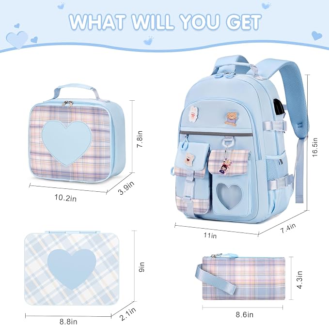 ACESAK Girls Backpack - Bento Box with Insulated Lunch Bag Pencil Case & Utensils Set for Kids, 6 Leakproof Compartments Removable Tray Lunches or Snack Container for School (Blue) - Image 2