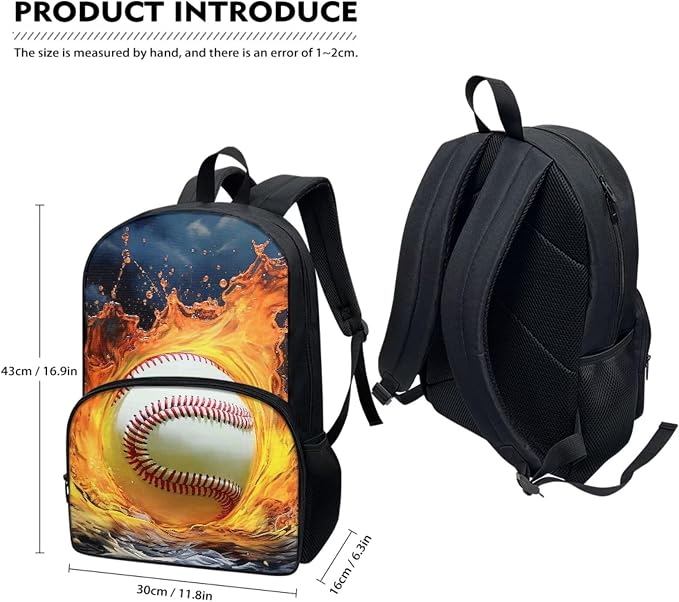 Baseball Fire Water Blue Travel School Bag Set of 4, 17 Inch Laptop Bookbag School Bag Daypack Insulated Lunch Bag Shoulder Crossbody Handbags Pen Carrying Case for Little Girls Boys - Image 5