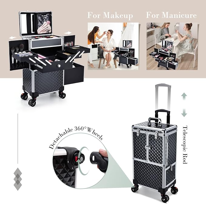 Professional Makeup Train Case Extendable Cosmetology Case on wheels | Rolling makeup station with a drawer and trays, ideal for makeup artists or dance competitions. Super organized. - Image 5