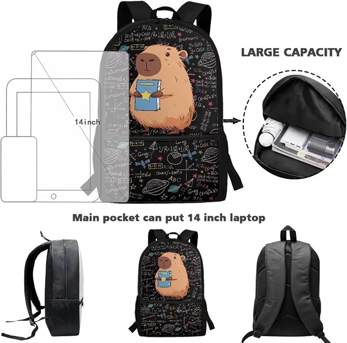 Black Capybara Print Kids Backpacks for Elementary School Bookbag Set with Lunch Bag and Pencil Pouch, Set 3 in 1 Back to School Supplies - Image 2