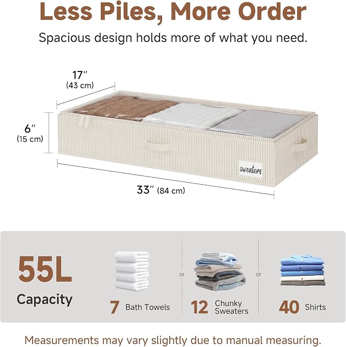 StorageWorks Large Under Bed Storage Containers with Handles and Label Holder, 2 Pack Ultra-thick Fabric Underbed Bins, White and Black Stripes - Image 2
