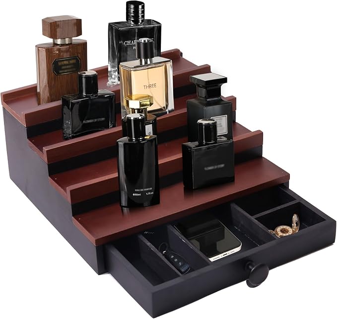 4 Tier Men's Cologne Organizer, Wooden Stand with Drawer Storage, Two Tone | Cologne Shelf and Rack, Perfume Tray, Hidden Storage, Countertop Dresser Display, Birthday Christmas Gift for Men - Image 5