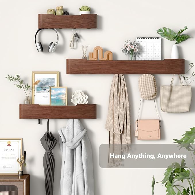 Wall Mounted Coat Rack with Shelf, Wooden Entryway Organizer with Hidden Metal Hooks for Hanging Coats Bags Keys, Modern Floating Shelf for Hallway Bathroom - Image 4