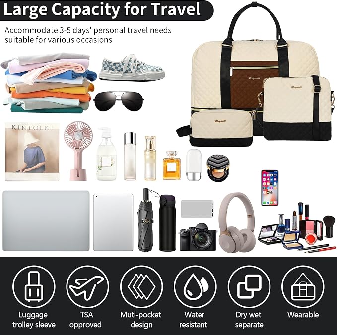 Wogarl 3PCS Weekender Bags for Women Large Overnight Bag Weekend Travel Duffel Bag Carry on Shoulder with Shoe Compartment Canvas Toiletry Bag for Travel Business Gym,Black Beige Brown - Image 7