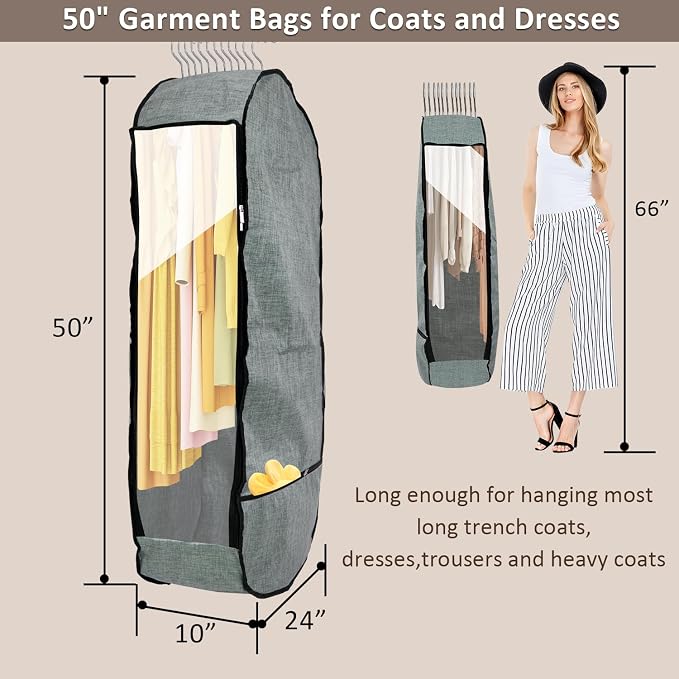 2PCS 50”Garment Bags for Hanging Clothes,Chakera Large Breathable Garment Bag for Closet Storage with 10”Gusseted,Clear Clothing Storage Garment Cover for Dress Sweater with Double Zipper,Grey - Image 3