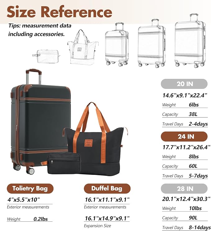 Merax Suitcase Set 24 inches Expandable Luggage with TSA Lock Spinner Wheels Hardshell Lightweight Vintage Luggage with Travel Bag,Black - Image 2