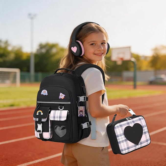 ACESAK Backpack for Girls with Headphones - Girls Backpack with Lunch Box, Pencil Case & Kids Headset - 3.5mm Wired Headphones for School Bookbag Schoolbag Set Back To School Gift (Black) - Image 8