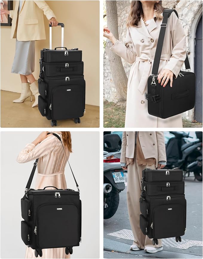 Relavel Rolling Makeup Case, 3 in 1 Hairstylist Traveling Bag Cosmetology Case on Wheels Large Hair Tools Cosmetics Train Case Makeup Artist Storage Organizer Trolley Suitcase with 360° Swivel Wheels - Image 7