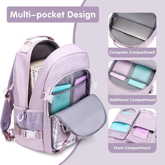 ACESAK Girls Backpack - Bento Box with Insulated Lunch Bag Pencil Case & Utensils Set for Kids, 6 Leakproof Compartments Removable Tray Lunches or Snack Container for School (Purple) - Image 3