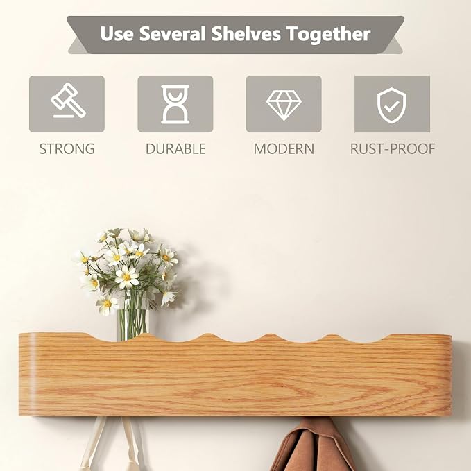 Wall Mounted Coat Rack with Shelf, Wooden Entryway Organizer with Hidden Metal Hooks for Hanging Coats Bags Keys, Modern Floating Shelf for Hallway Bathroom - Image 8