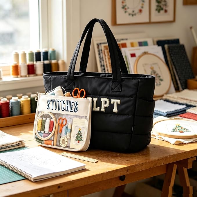Needlepoint Tote Bag with Clear Zipper Pouch — Puffy Craft Organizer-Black/Beige | Lightweight puffy taslan tote, 20L | NDLPT Project Bag | Holds 15.6" laptop | Padded compartment | Gift for stitchers - Image 7