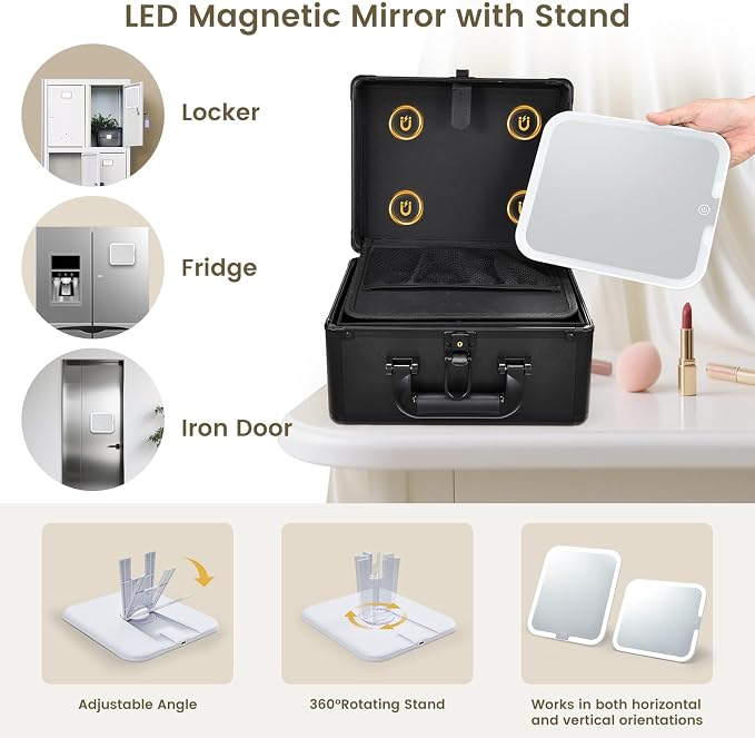 Faquenc Makeup Case with Lighted Vanity Mirror, Makeup Organizer Box Travel Make up Case with LED Mirror Portable Cosmetic Train Case for Countertop Lockable Makeup Suitcase with Adjustable Dividers - Image 2