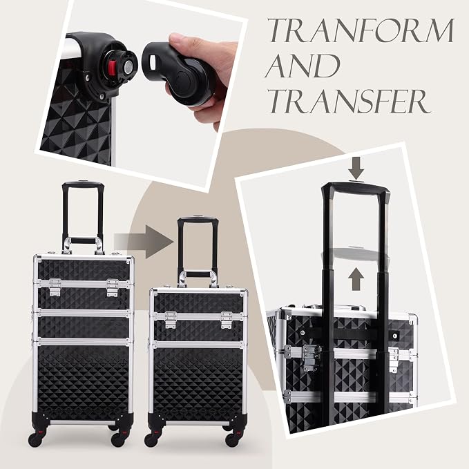 3 in 1 Professional Rolling Makeup Train Case Aluminum Trolley Case with 360° Rotation Wheels for Makuep Artist Cosmetic Suitcase Organizer with Lock and Key Diamond Pattern - Black - Image 6