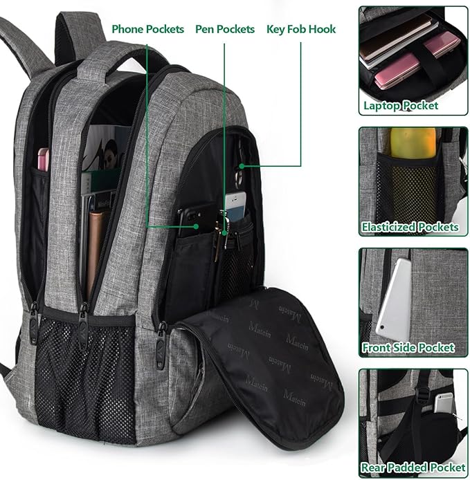 MATEIN Travel Laptop Backpack, 15.6 Inch College School Computer Bag, Grey | Slim Sturdy Business Daypack, Anti Theft Bookbag, Water Resistant, Gift for Men & Women, Personal Item Bag, Mochilas - Image 5