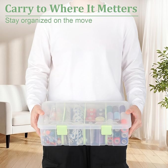 BTSKY Clear Plastic Dividing Storage Box with 4 Compartments Adjustable Storage Bin with Lid Plastic Craft Storage Container Multipurpose Sewing Box Art Supply Organizer, 13.3x8.1x3.4 Inches, Green - Image 5