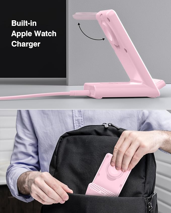 Wireless Charging Station,3 in 1 Charging Stand Made for Apple Watch Ultra 10 9 8 7 6 SE 5 4 3,Fast Wireless Charger Made for iPhone 16/15/14/13/12/11/X,for AirPods Pro(with Adapter) (Pink)
