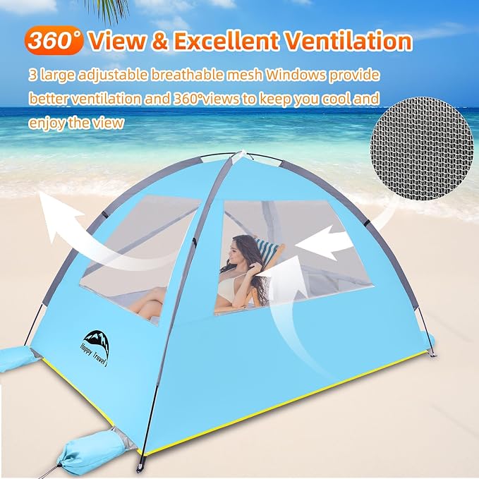 Happy Travel Beach Tent, UPF 50+ UV Protection Sun Shade Shelter for 3/4/5/6/7/8 Person, Portable Beach Canopy for Family & Baby, Lightweight & Easy Setup Beach Cabana with 3 Ventilation Mesh Windows - Image 4