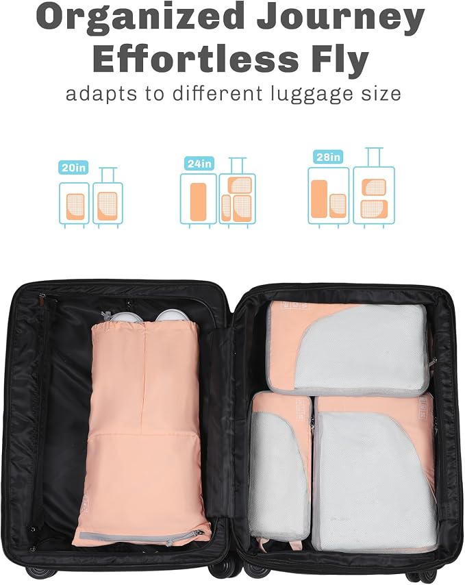 Hynes Eagle 6 Set/ 4 Set/ 2 Set Compression Packing Cubes Travel Essentials Lightweight Nylon Luggage Suitcase Organizer Bag Light Pink 4PCS - Image 3