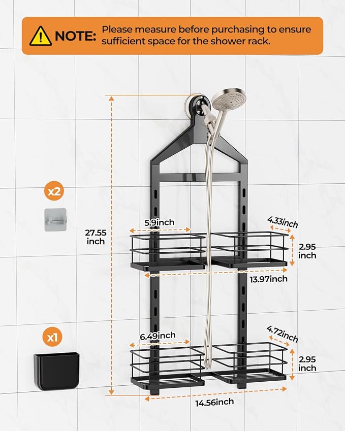 ODesign 2 Tier Shower Caddy for Handheld Shower Heads Anti-Swing Black | No drilling required,comes with removable hook and storage box,suitable for handheld and wall-mounted showerheads - Image 2