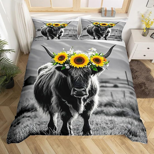 Highland Cow Duvet Cover Twin Size Bull Cattle Flower Bedding Set Yellow Sunflower Western Funny Animal Cow Print Comforter Cover Wild Animal Farmhouse Cow Bedding Collections, with 1 Pillowcase by Erosebridal