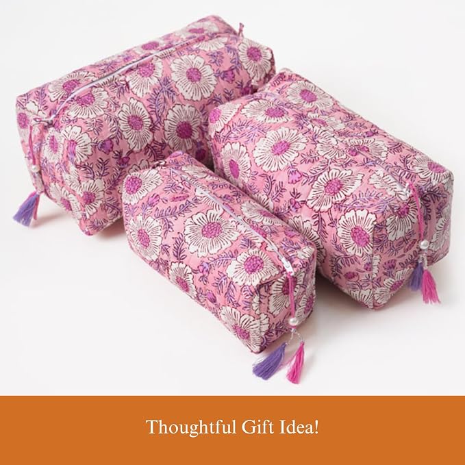 Saffron Marigold Quilted Makeup Bag Set of 3, Hand Block Printed Cotton Cosmetic Bags for Women, Waterproof Lined Travel Toiletry Bag, Coquette Floral Aesthetic, Handmade Gift, Lavendar & Rose Milk - Image 7