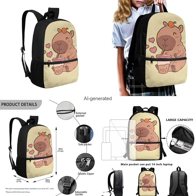 Cute Capybara Girls Backpacks Ages 8-10 with Lunchbox Lightweight School Bags for Girls with Lunch Bag Cute Pencil Cases for Middle School High School - Image 3