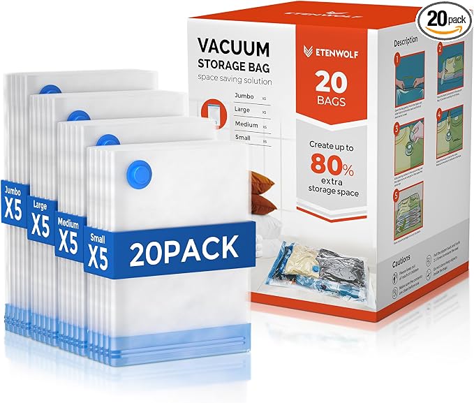 ETENWOLF Vacuum Storage Bags for Travel, Vacuum Seal Bags for Clothes and Travel, Space Saver Bags in Multiple Carry-On Sizes, Perfect for Luggage and Suitcases, 20 Combo by ETENWOLF