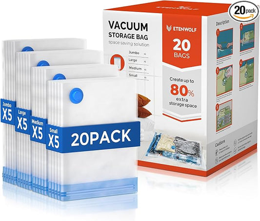ETENWOLF Vacuum Storage Bags for Travel, Vacuum Seal Bags for Clothes and Travel, Space Saver Bags in Multiple Carry-On Sizes, Perfect for Luggage and Suitcases, 20 Combo by ETENWOLF