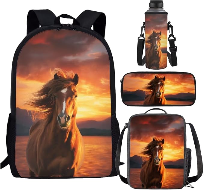 Horse Backpack with Lunch Box Kids Girls 6-8/8-10 Sunset Elementary School Bookbag for 4th Grade Primary Book Bags Lunch Bag Pencil Case Water Bottle Holder 4 in 1 Set Preschool Back Pack by SCRAWLGODDreamWardrobe