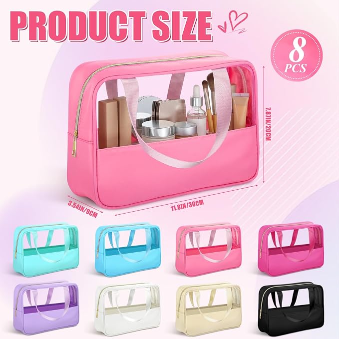 Hillban 8 Pcs Translucent Makeup Bags for Travel Bridesmaid Bag Large Clear Travel Bags with Handle Bulk Preppy Waterproof Toiletry Bag Summer Party Favor Gifts for Letter DIY 12 x 3.54 x 7.8 Inches - Image 3