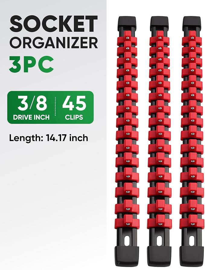 ALOANES 3PC ABS Socket Organizer, Socket Rails Fit 3/8 inch Drive | Portable Heavy Duty Socket Holders Hold up 45 Sockets for Toolbox Drawer Bags(Red) - Image 2