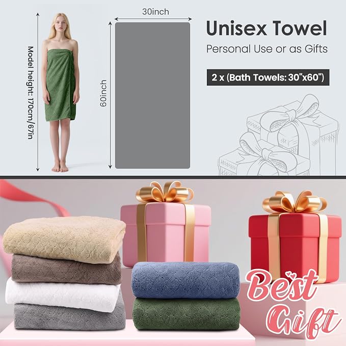 JML Microfiber Bath Towels Set of 2, Oversized, Ultra Soft, Super Absorbent, Fast Drying, No Fading Large Bathroom Towel for Yoga, Sauna, Travel, Fitness (Coral Fleece - Olive-Green, 30 in x 60 in) - Image 2