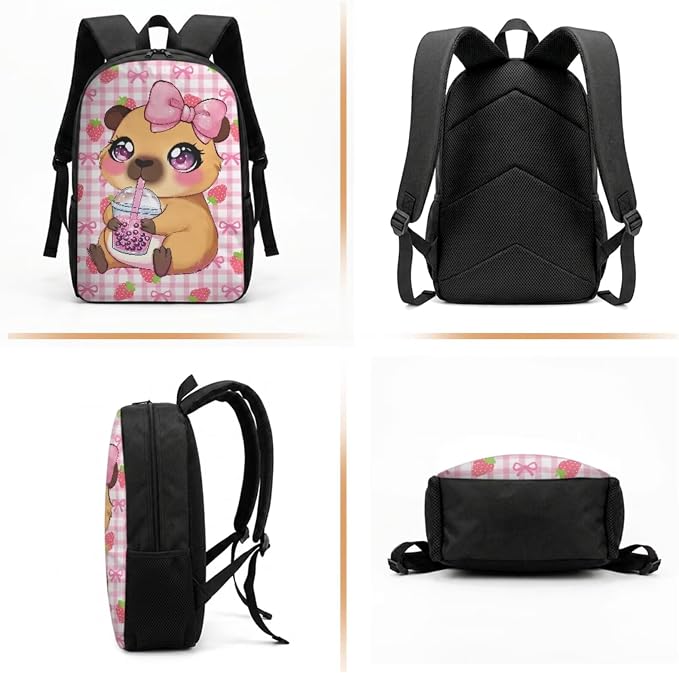 Cute Capybara Backpack for School Girls 2nd Grade : 17in Strawberry Bookbag with Lunch Box Set - 4 in 1 Elementary Student Book Bag for Kids 6-8-10 - Image 2