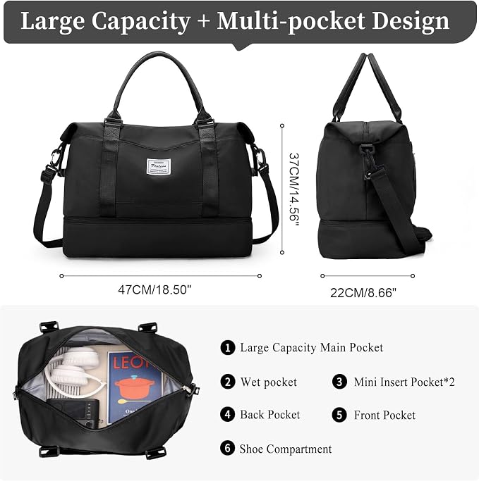 Weekender Bags for Women,Personal Item Travel Bag with Shoes Compartment | Overnight Travel Duffel Bag with Black Gray Toiletry Bag,Carry-On Bag - Image 4