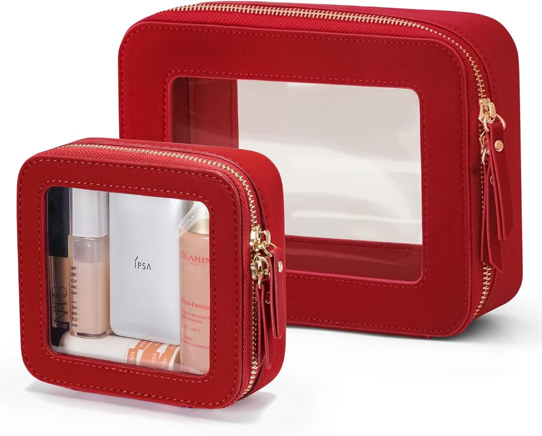 Popvibe Clear Makeup Case Toiletry Bag Travel Medium Clear Cosmetic Bag with Zipper, Mini & Medium, Red by POPVIBE