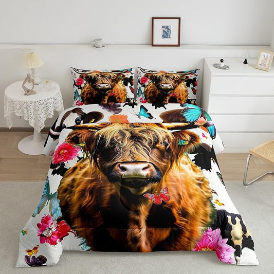 Erosebridal Highland Cattle Comforter Set Twin Size, Kids Cow Bull Cattle Bedding Set Butterfly Flower Down Comforter for Boys Girls Teens Western Cowboy Farm Animal Duvet Sets Bedroom Decor by Erosebridal