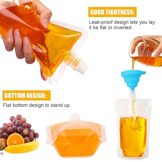 Patelai 300 Pieces Plastic Liquid Pouch Reusable Juice Pouches Travel Water Leak Proof Bags Bulk with Collapsible Silicone Funnel for Travel Outdoor (10 oz) - Image 2