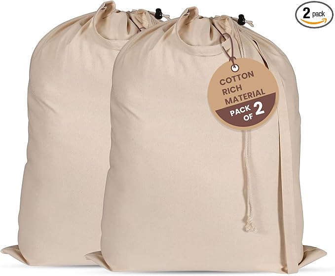LFH Home Cotton Rich Canvas Extra Large Laundry Bag with Drawstring and Handles Heavy Duty, Multi-Use, and Washable for Home, Travel, College or Storage 28x36 (Pack of 2)-Natural by LFHHomePrivateLimited