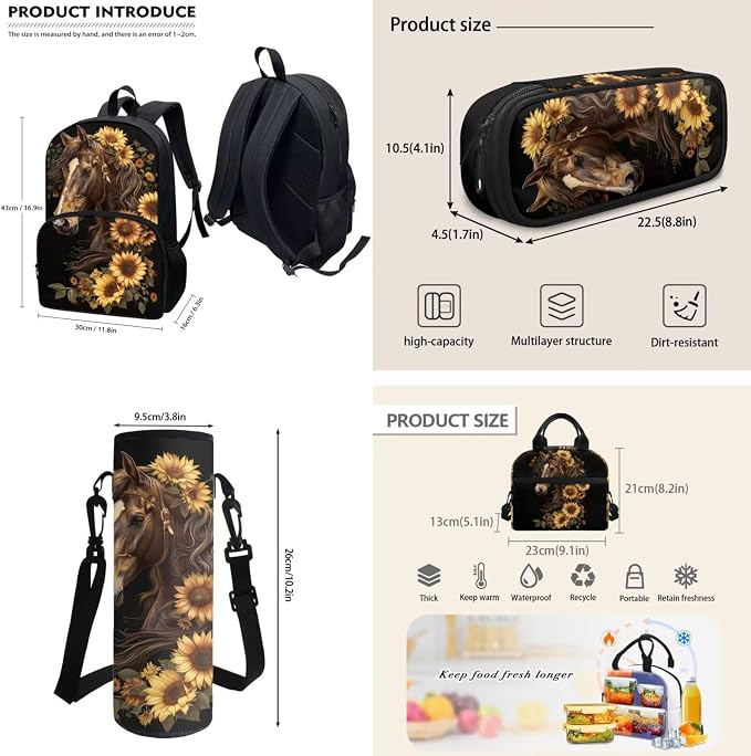 POLERO Sunflower Horse Backpacks for Girls Bookbag with Lunch Box Pencil Case Water Bottle Holder Teens Secondary School Bag Set - Image 4
