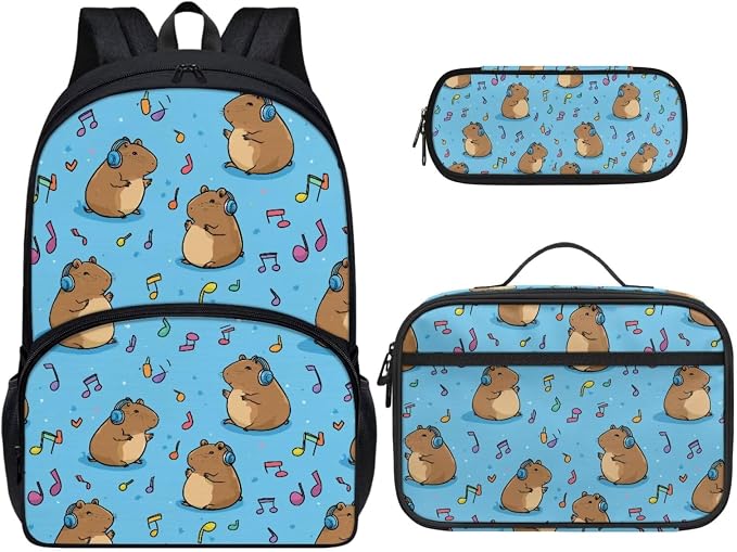 Music Capybara Backpack Pencil Case and Lunch Box 3 Piece Primary School Student Backpack for School Girls 3rd Grade with Lunchbox Girls Ages 6-8 Bookbag/Lunch Bag Set by Dremagia