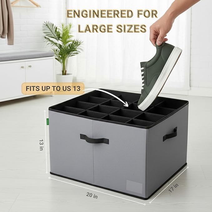 2 Pack Shoe Organizer for Closet, Foldable Fabric Shoe Storage Box with Adjustable Dividers and Clear Dustproof Cover, Large Collapsible Shoe Bins & Containers, Holds up to 32 Pairs, Gray - Image 2