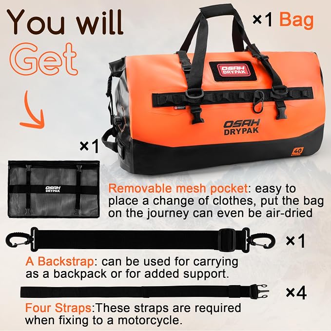 OSAH DRYPAK Waterproof Duffel Bag 25L/40L/60L – Heavy-Duty Motorcycle Tail Bag, Roll-Top Dry Bag for Travel, Camping, Boating, Kayaking, Outdoor Adventure - Image 8