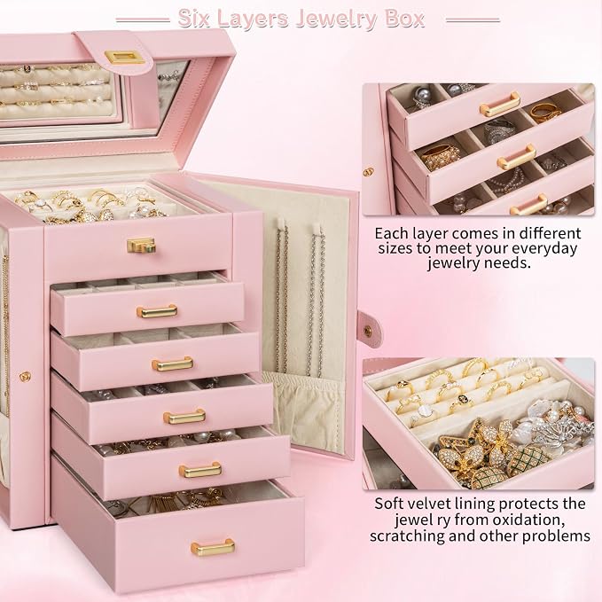 AKOZLIN 6-Tier Jewelry Box Organizer Functional 5 Drawers Leather Jewelry Storage Case for Women Girls Ring Necklace Earring Bracelet Holder Organizer with Mirror Light Pink Regular - Image 2
