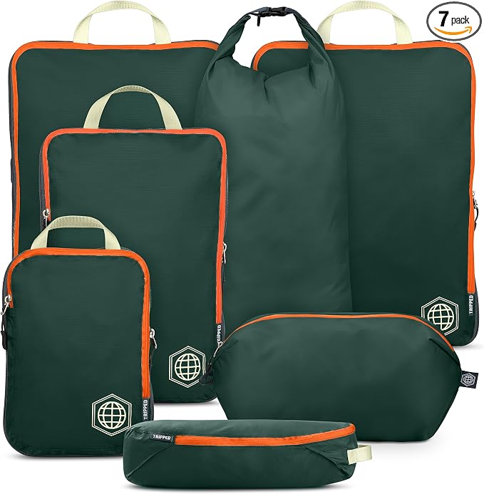 Large Compression Packing Cubes for Travel-Packing Cube Luggage Organizers 7 Piece Set for Checked Luggage-Ultralight, Expandable/Compression Bags by TRIPPED Travel Gear (Green/Orange) by TRIPPEDTravelGear